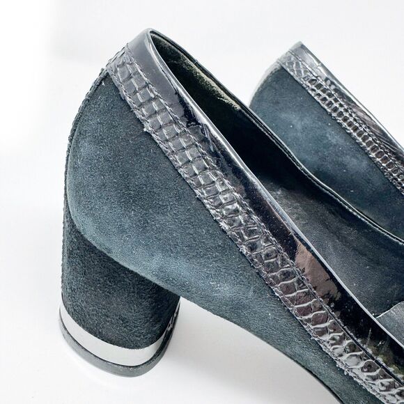 Tory Burch Frannie Reva Pumps 8.5 Black Suede Croc Trim Silver Logo Block Heels - Picture 14 of 14